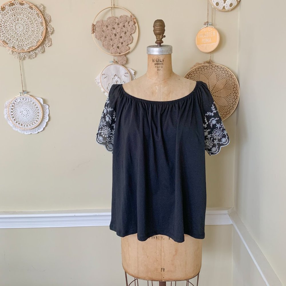 Black Off-Shoulder Embroidered Sleeve Top